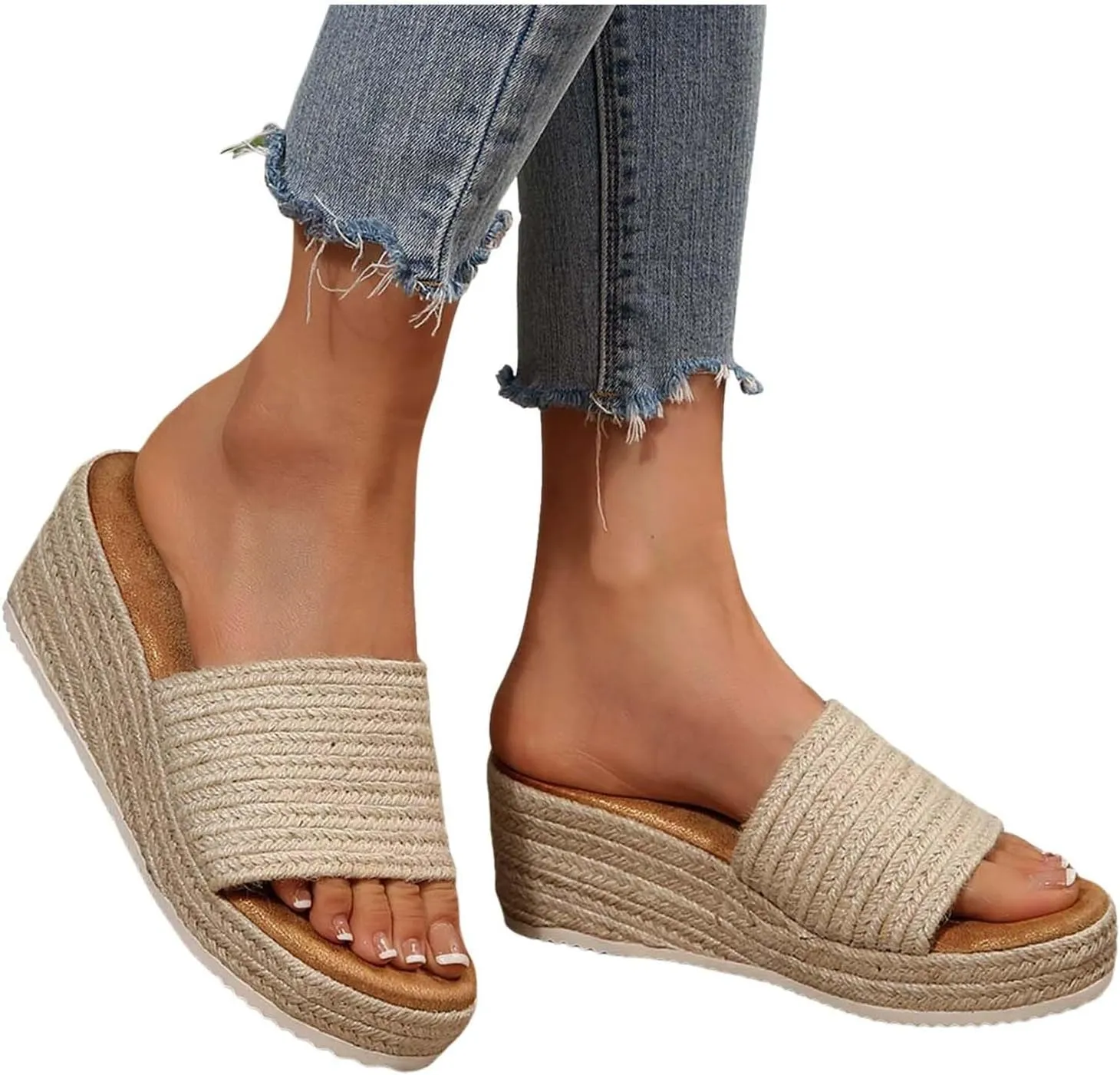 Espadrilles Wedge Sandals for Women,Walking Platform Sandals Fleece Lined Slippers for Women Summer Casual Fashion Beach Vacation Walking Fashionable Bohemia Dressy Sandal
