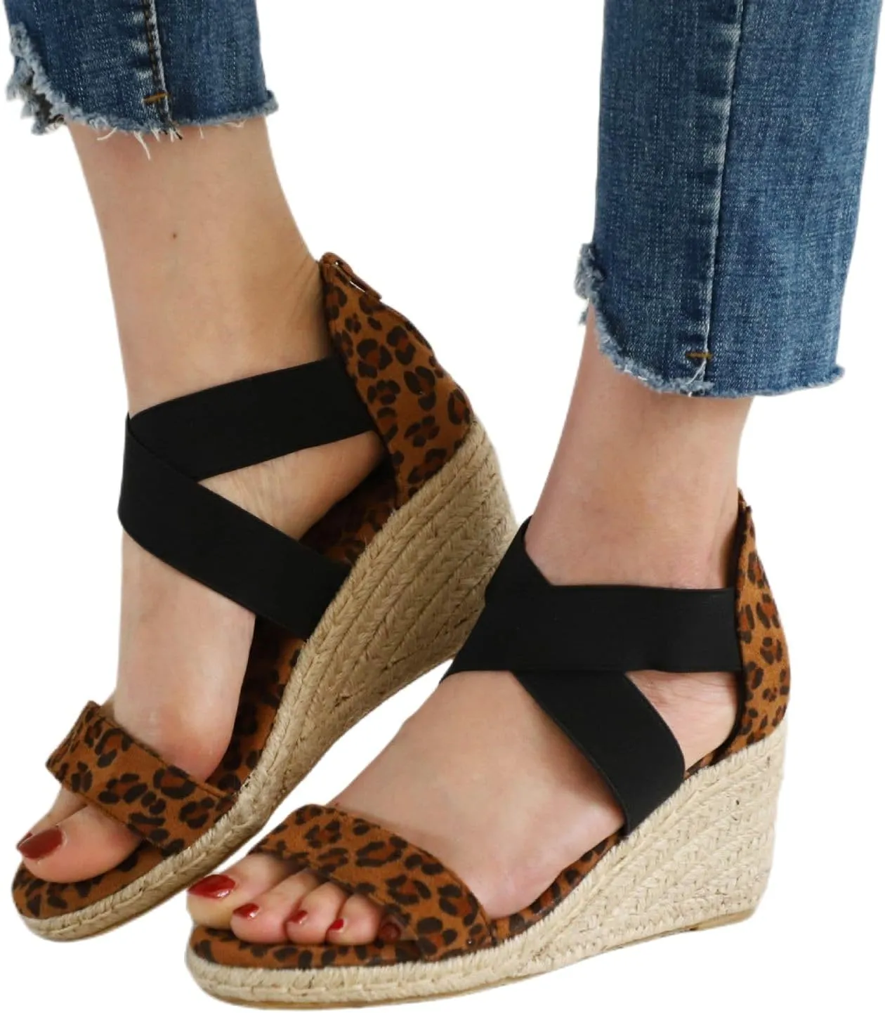 Espadrilles Wedges for Women Open Toe Cross Ankle Strap Shoes Woven Flax Thick Sole Sandals Beach Dressy Slip On Shoes 2025