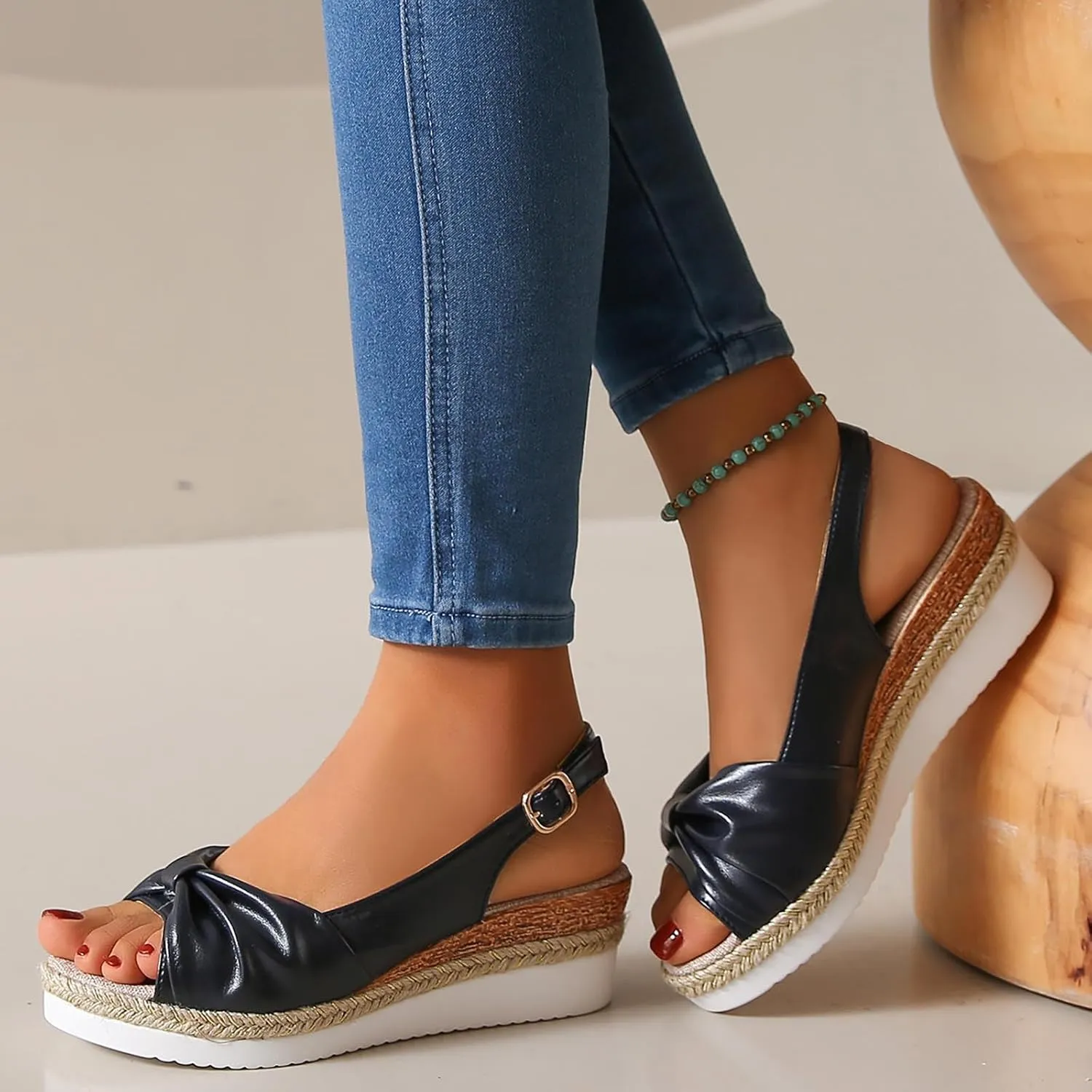 Espadrilles Wedges For Women Open Toe Slingback Platform Sandals Bow Wide Width Ankle Strap Mules Summer Fashion Slip On Beach Dress Shoes