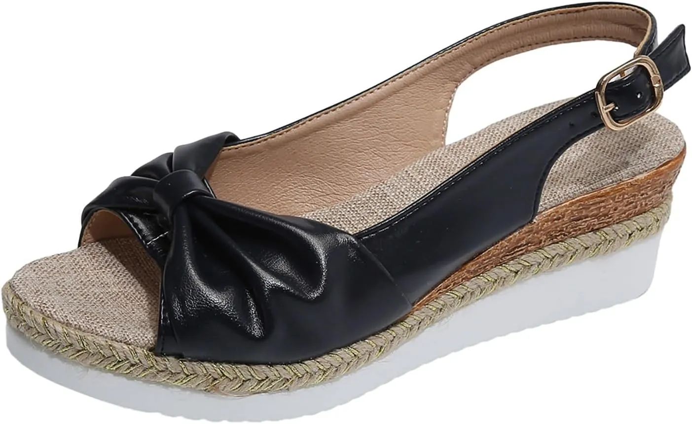 Espadrilles Wedges For Women Open Toe Slingback Platform Sandals Bow Wide Width Ankle Strap Mules Summer Fashion Slip On Beach Dress Shoes