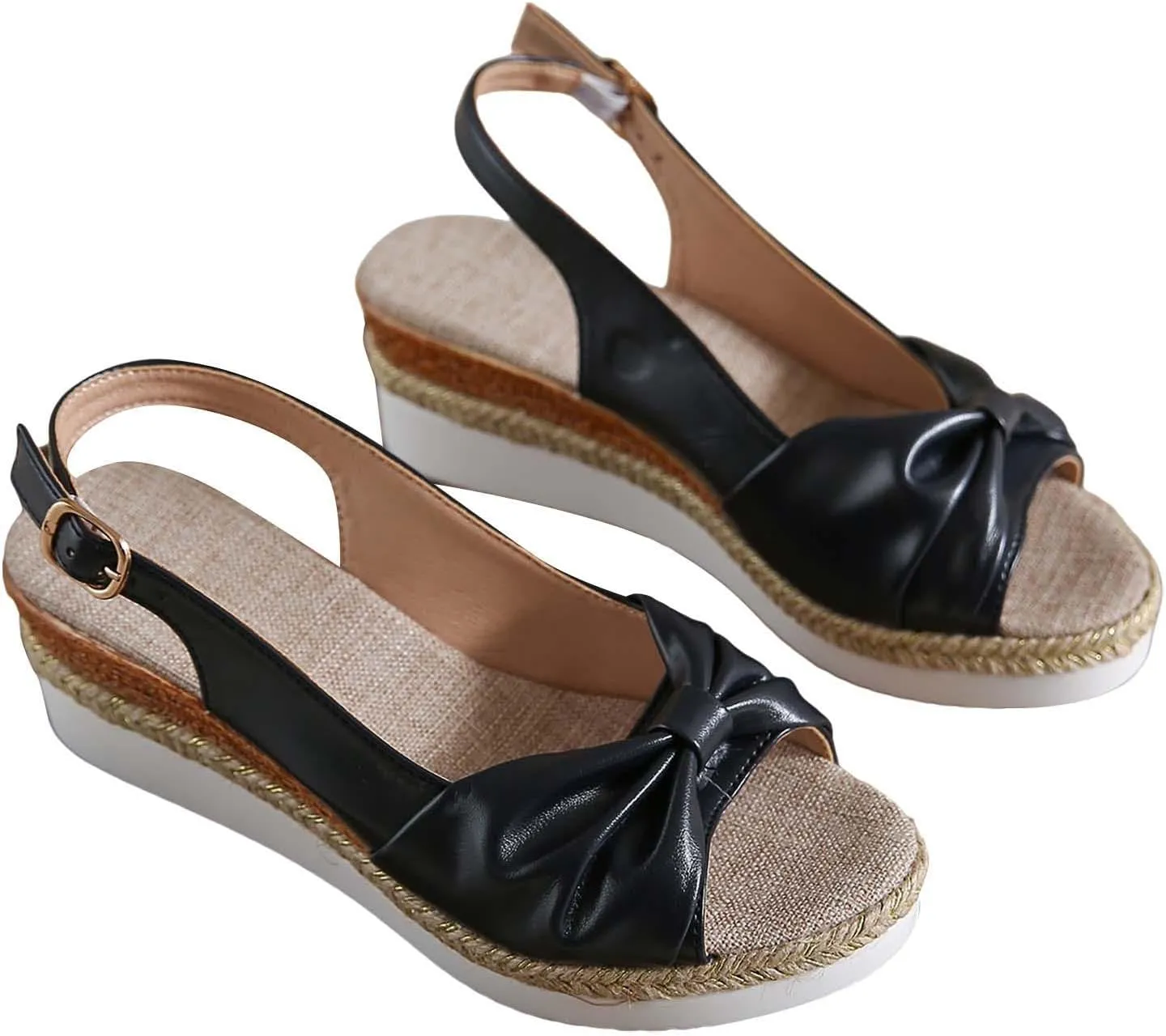 Espadrilles Wedges For Women Open Toe Slingback Platform Sandals Bow Wide Width Ankle Strap Mules Summer Fashion Slip On Beach Dress Shoes