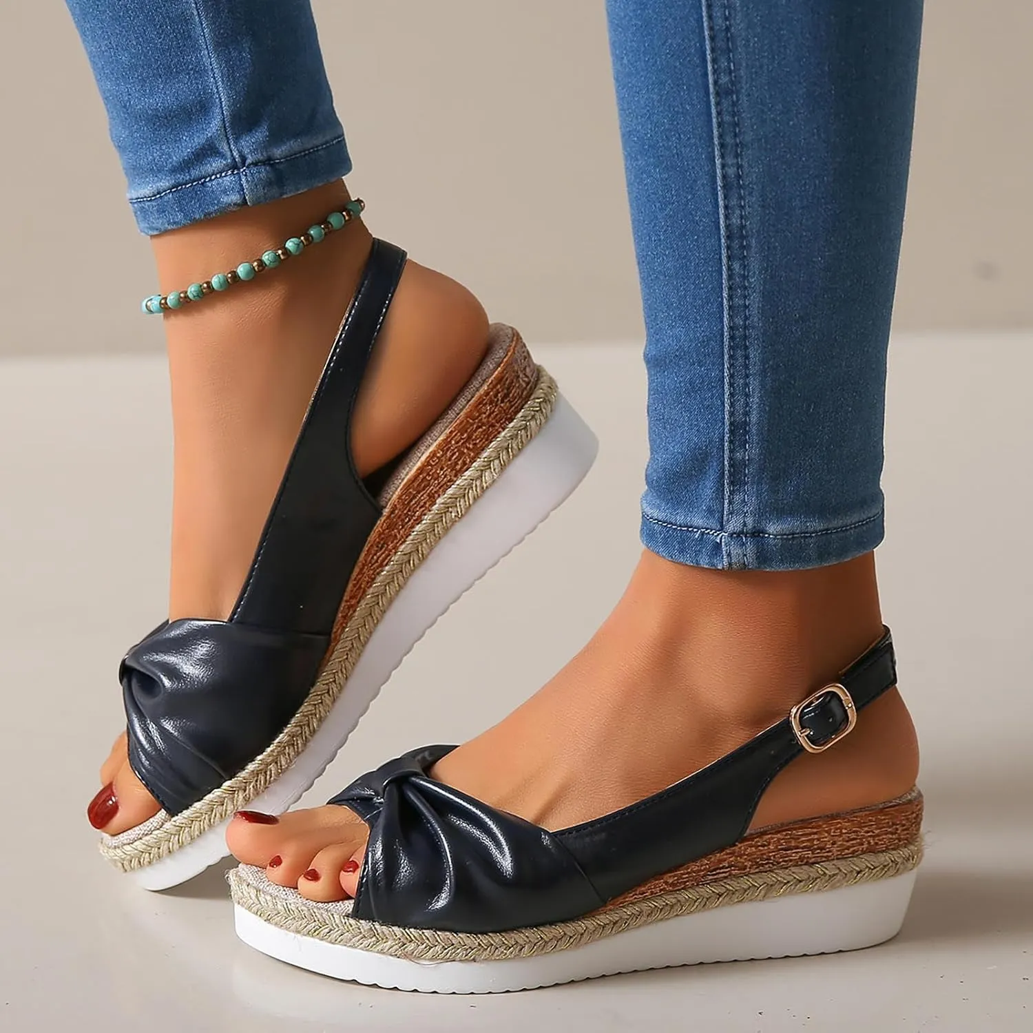 Espadrilles Wedges For Women Open Toe Slingback Platform Sandals Bow Wide Width Ankle Strap Mules Summer Fashion Slip On Beach Dress Shoes