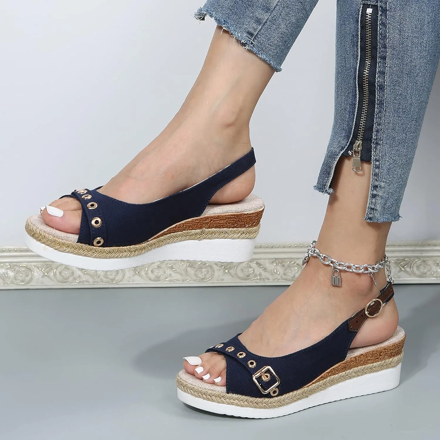 Espadrilles Wedges Heels for Women Closed Toe Sandals Women Comfortable Ankle Strap Platform Sandals Cute Slingback Wedge Sandals Summer Dressy Wide Width Low Heel Sandals Casual ﻿