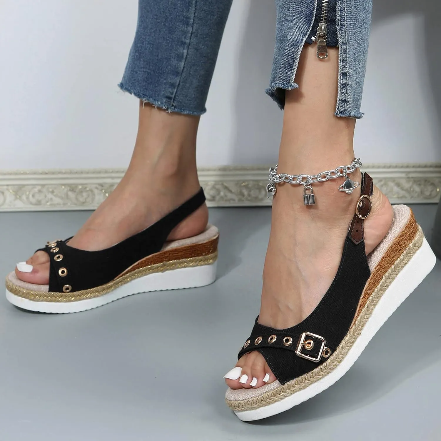Espadrilles Wedges Heels for Women Closed Toe Sandals Women Comfortable Ankle Strap Platform Sandals Cute Slingback Wedge Sandals Summer Dressy Wide Width Low Heel Sandals Casual ﻿