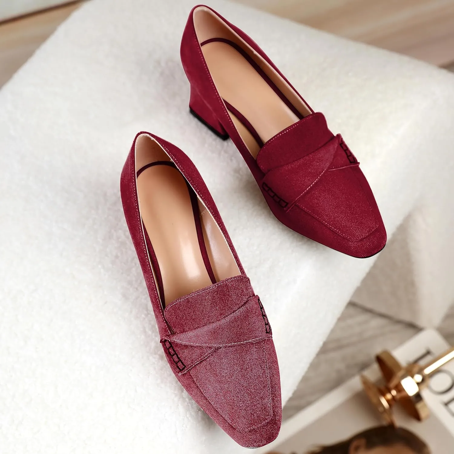 Esvowido Women's Loafer Pumps Block Chunky Heels Slip on Low Heel Pumps Square Toe Retro Work Shoes for Ladies 2.5 Inch
