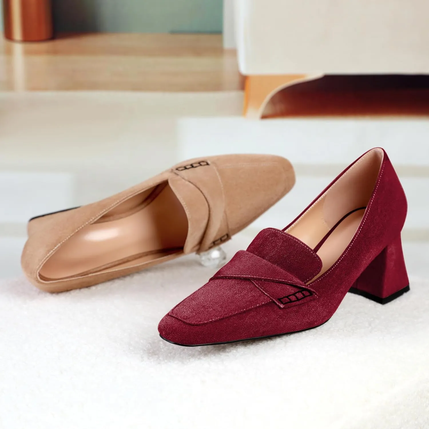 Esvowido Women's Loafer Pumps Block Chunky Heels Slip on Low Heel Pumps Square Toe Retro Work Shoes for Ladies 2.5 Inch