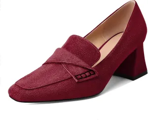 Esvowido Women's Loafer Pumps Block Chunky Heels Slip on Low Heel Pumps Square Toe Retro Work Shoes for Ladies 2.5 Inch