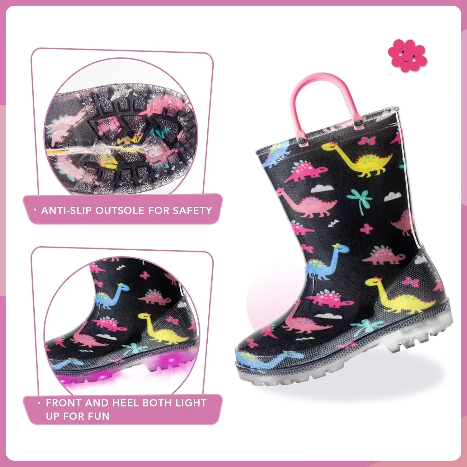 EUXTERPA Toddler Kids Waterproof Light Up Rain Boots Patterns and Glitter Boots with Handles for Boys Girls