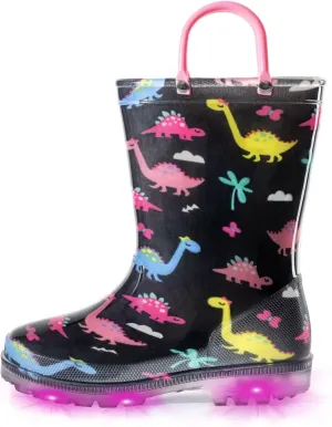 EUXTERPA Toddler Kids Waterproof Light Up Rain Boots Patterns and Glitter Boots with Handles for Boys Girls