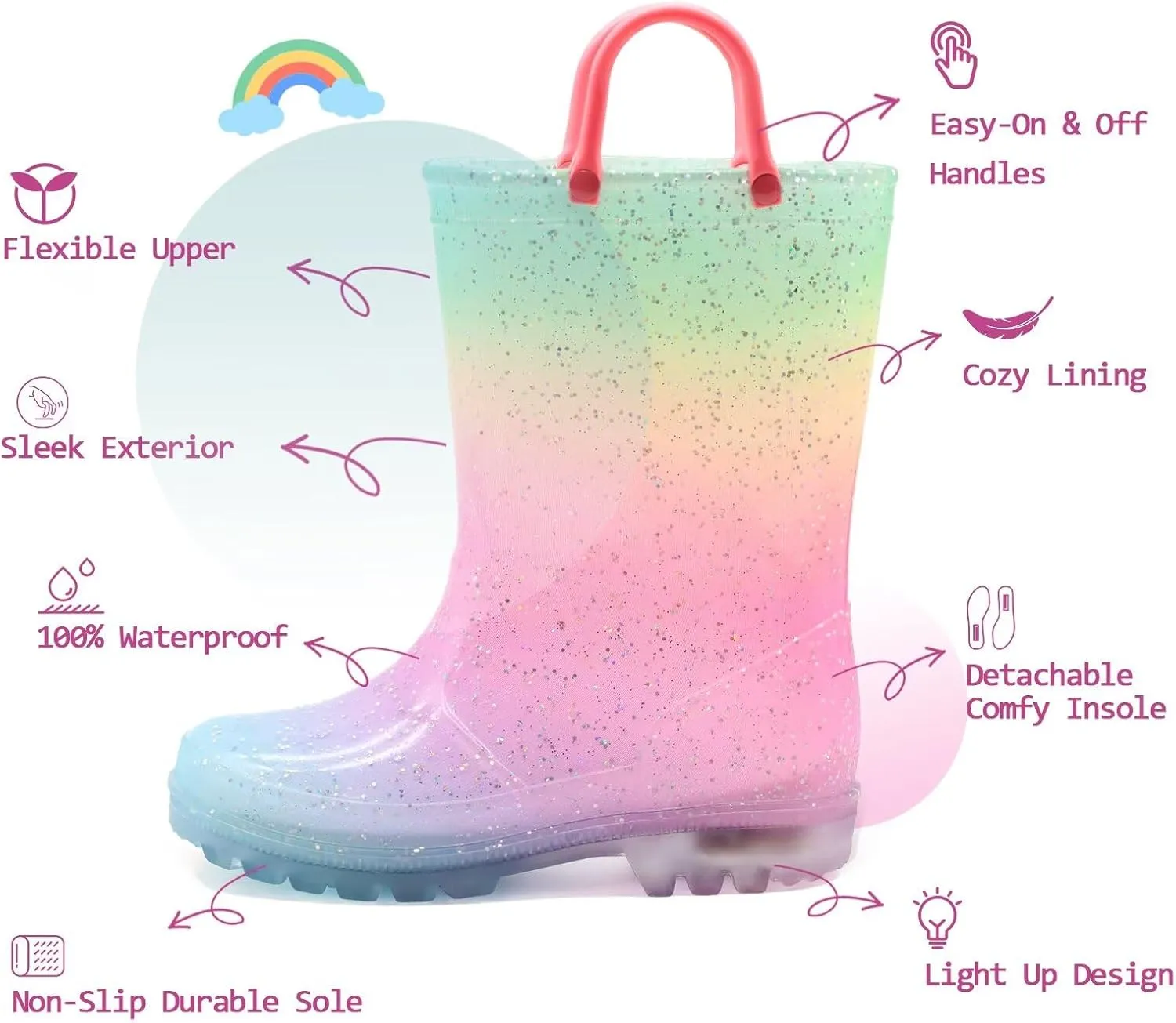EUXTERPA Toddler Kids Waterproof Light Up Rain Boots Patterns and Glitter Boots with Handles for Boys Girls