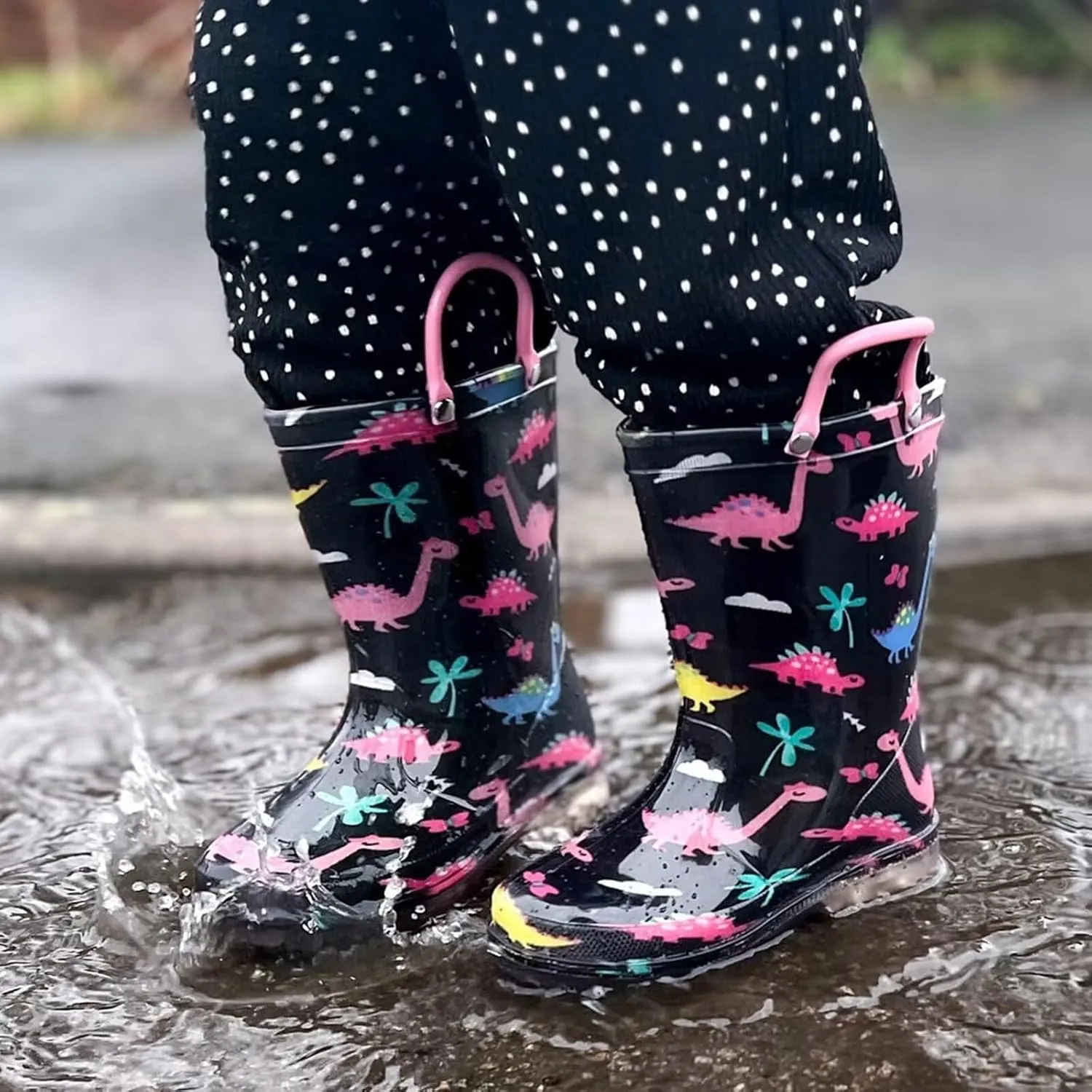 EUXTERPA Toddler Kids Waterproof Light Up Rain Boots Patterns and Glitter Boots with Handles for Boys Girls