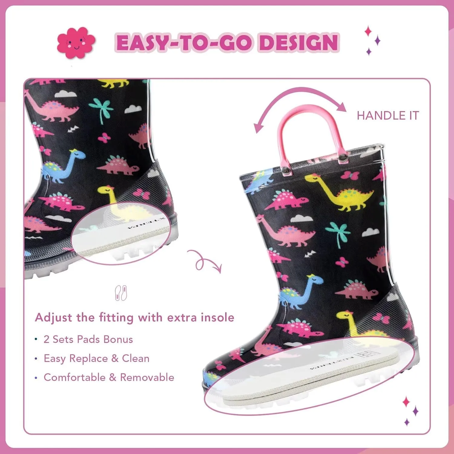 EUXTERPA Toddler Kids Waterproof Light Up Rain Boots Patterns and Glitter Boots with Handles for Boys Girls