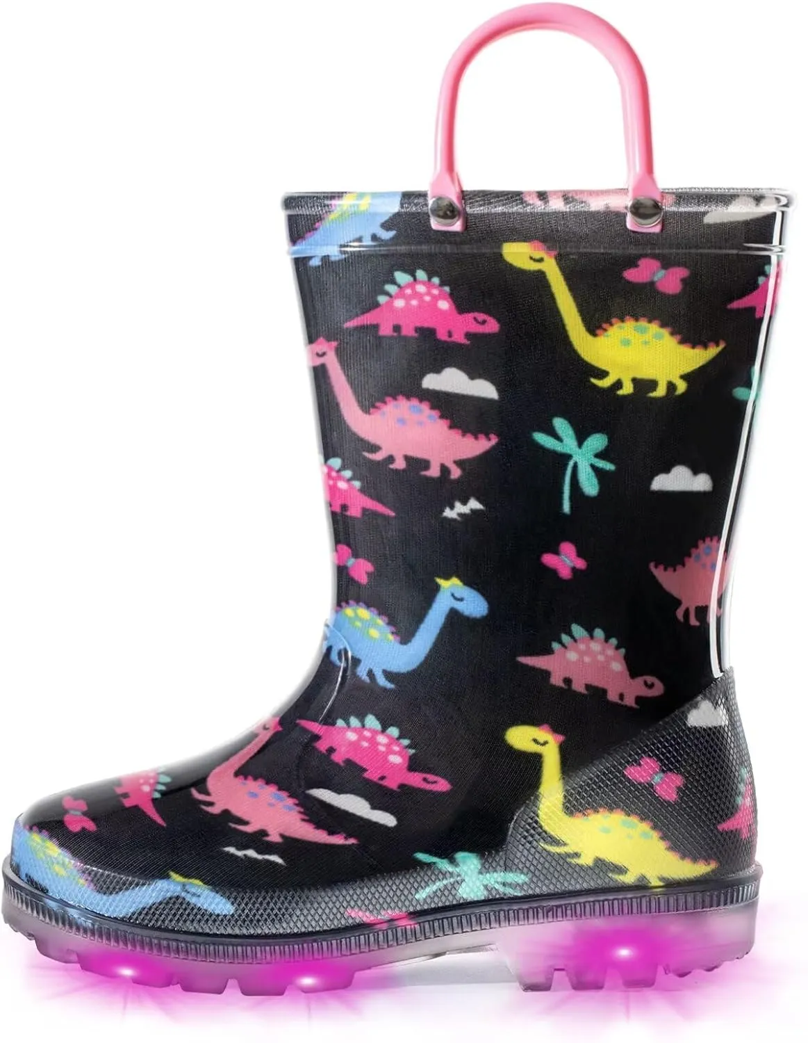 EUXTERPA Toddler Kids Waterproof Light Up Rain Boots Patterns and Glitter Boots with Handles for Boys Girls