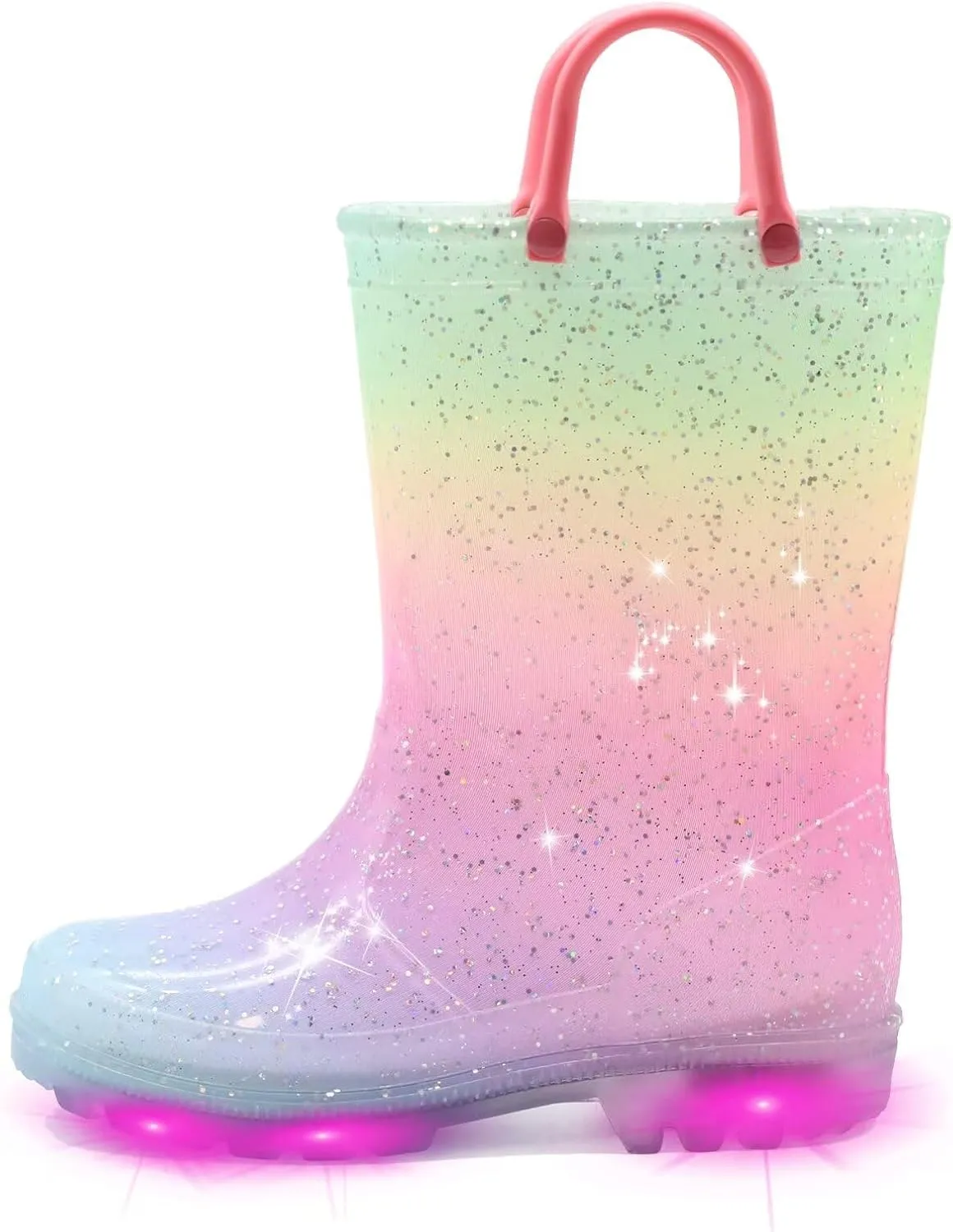 EUXTERPA Toddler Kids Waterproof Light Up Rain Boots Patterns and Glitter Boots with Handles for Boys Girls