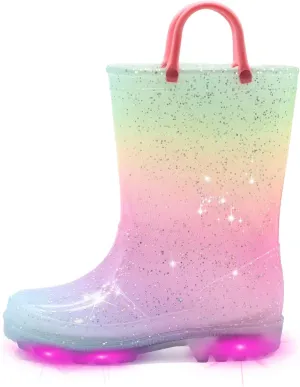 EUXTERPA Toddler Kids Waterproof Light Up Rain Boots Patterns and Glitter Boots with Handles for Boys Girls