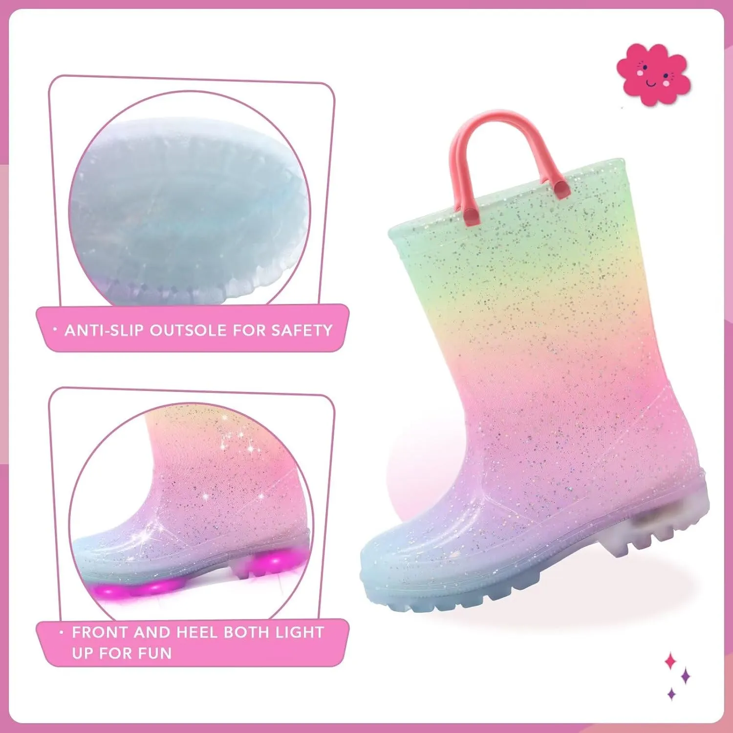 EUXTERPA Toddler Kids Waterproof Light Up Rain Boots Patterns and Glitter Boots with Handles for Boys Girls