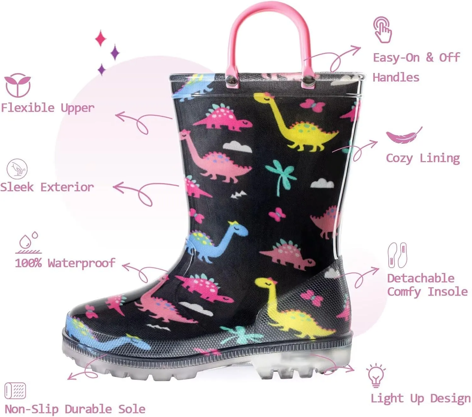 EUXTERPA Toddler Kids Waterproof Light Up Rain Boots Patterns and Glitter Boots with Handles for Boys Girls