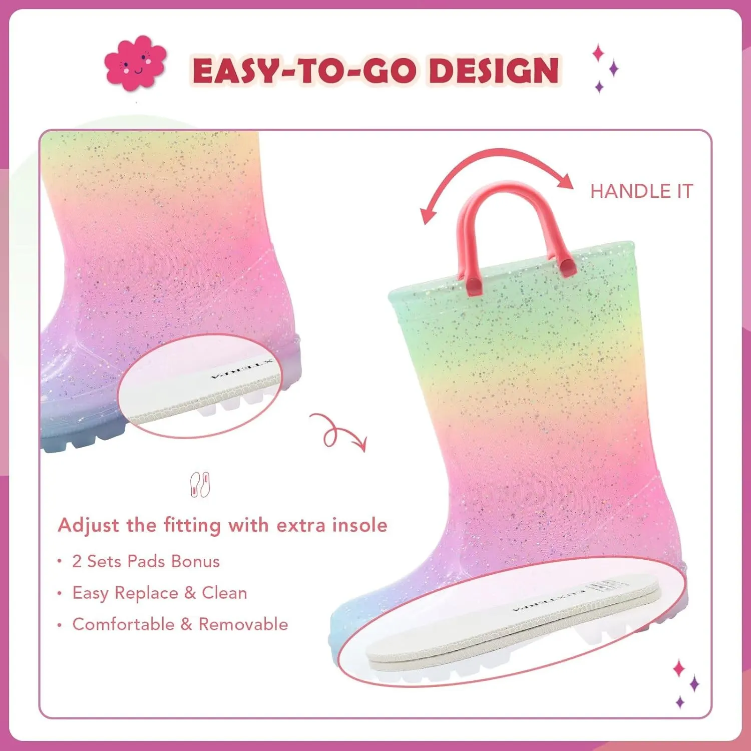 EUXTERPA Toddler Kids Waterproof Light Up Rain Boots Patterns and Glitter Boots with Handles for Boys Girls