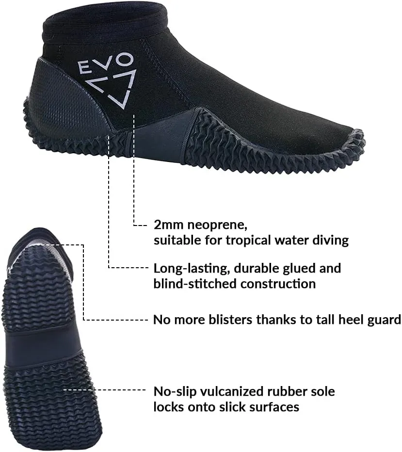 EVO 2MM Neoprene Low Cut Dive Boots with Anti-Slip Rubber Sole, Pull on Low Cut Dive Boots for All Watersports, Dive Booties, Snorkeling Booties, Paddleboarding Booties