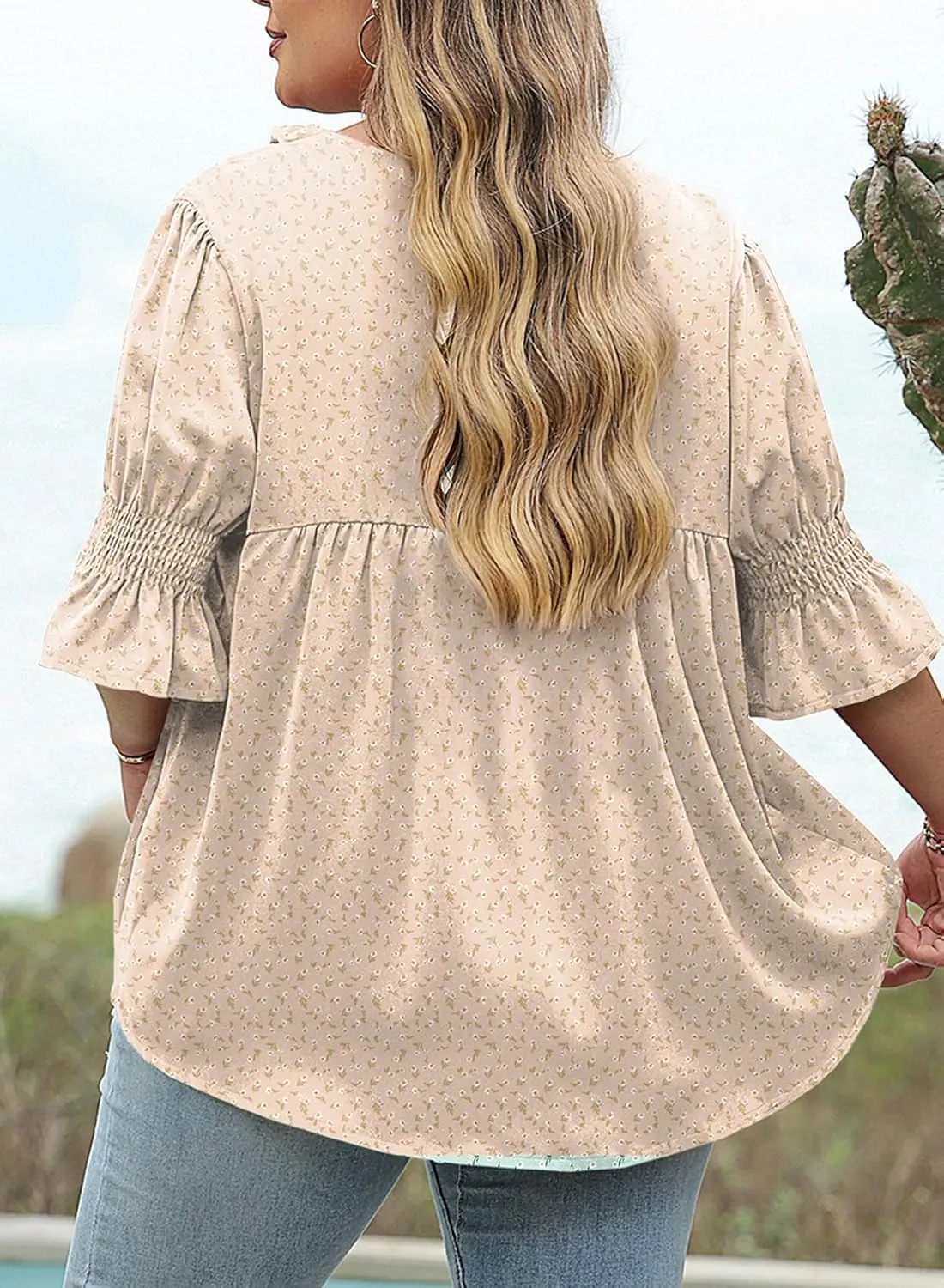 Eytino Womens Plus Size Floral Print Blouses V Neck Ruffle Flowy Short Sleeve Shirts Babydoll Casual Tunic Tops(1X-5X)