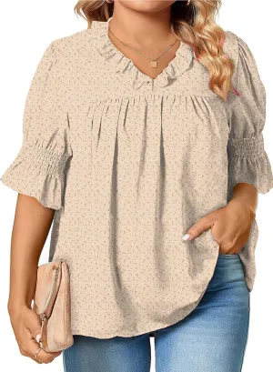 Eytino Womens Plus Size Floral Print Blouses V Neck Ruffle Flowy Short Sleeve Shirts Babydoll Casual Tunic Tops(1X-5X)