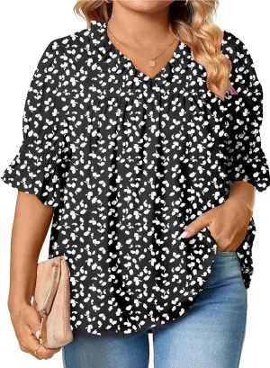 Eytino Womens Plus Size Floral Print Blouses V Neck Ruffle Flowy Short Sleeve Shirts Babydoll Casual Tunic Tops(1X-5X)