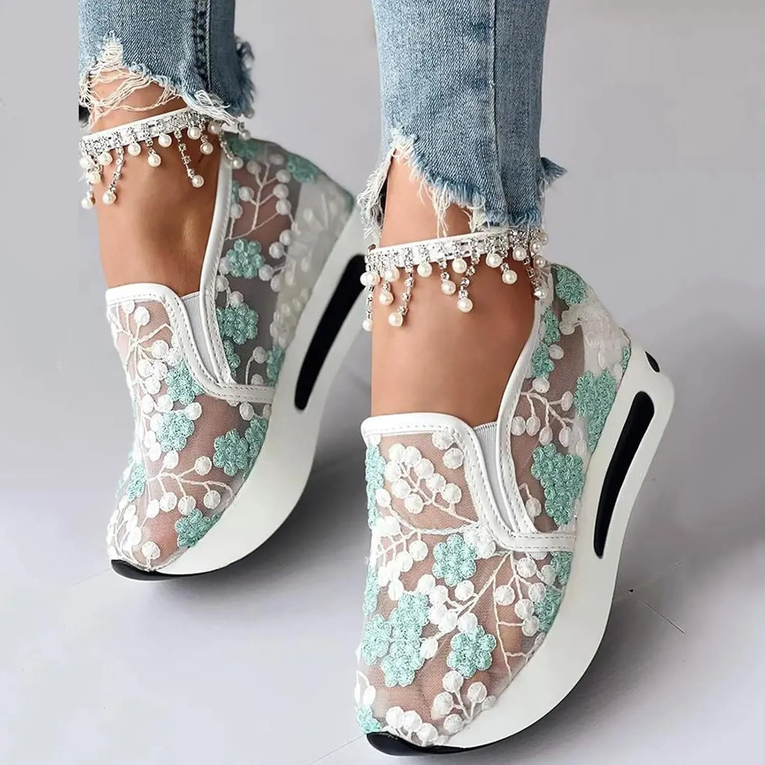Fashion Sneakers for Women 2025, Floral Embroidery Breathable Sheer Mesh Lace Sneakers Slip on Sneakers Platform Wedge Sneakers Dressy Casual Walking Shoes