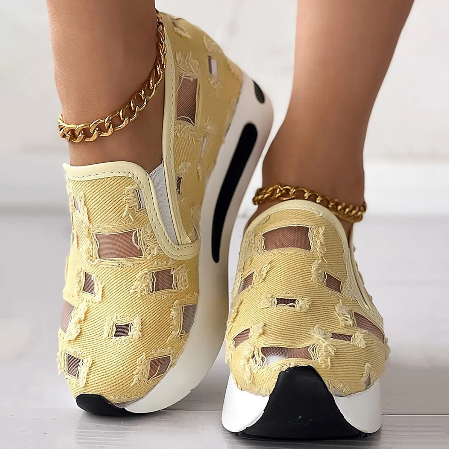 Fashion Sneakers for Women 2025, Floral Embroidery Breathable Sheer Mesh Lace Sneakers Slip on Sneakers Platform Wedge Sneakers Dressy Casual Walking Shoes