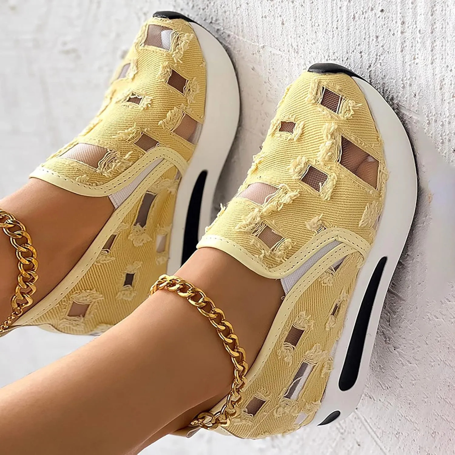 Fashion Sneakers for Women 2025, Floral Embroidery Breathable Sheer Mesh Lace Sneakers Slip on Sneakers Platform Wedge Sneakers Dressy Casual Walking Shoes