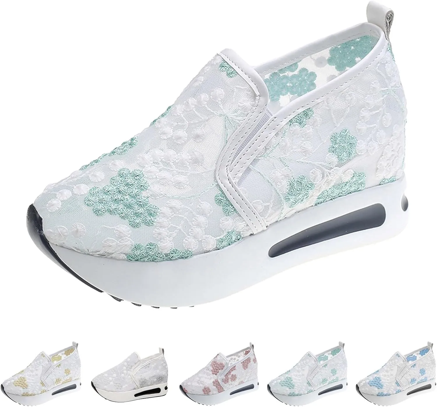 Fashion Sneakers for Women 2025, Floral Embroidery Breathable Sheer Mesh Lace Sneakers Slip on Sneakers Platform Wedge Sneakers Dressy Casual Walking Shoes