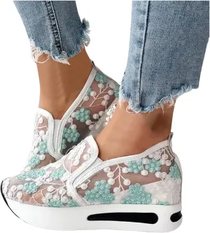 Fashion Sneakers for Women 2025, Floral Embroidery Breathable Sheer Mesh Lace Sneakers Slip on Sneakers Platform Wedge Sneakers Dressy Casual Walking Shoes