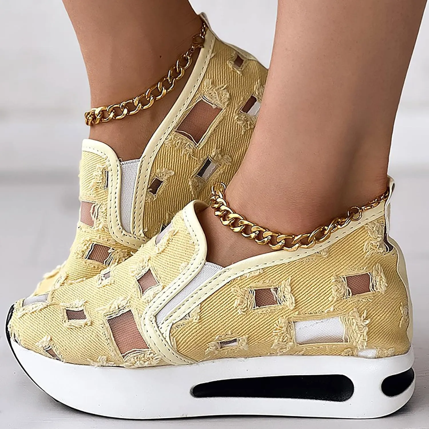 Fashion Sneakers for Women 2025, Floral Embroidery Breathable Sheer Mesh Lace Sneakers Slip on Sneakers Platform Wedge Sneakers Dressy Casual Walking Shoes