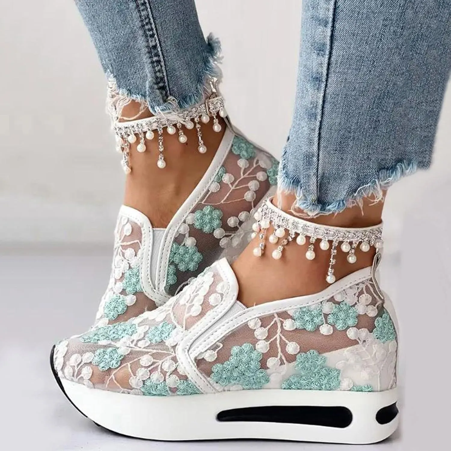 Fashion Sneakers for Women 2025, Floral Embroidery Breathable Sheer Mesh Lace Sneakers Slip on Sneakers Platform Wedge Sneakers Dressy Casual Walking Shoes