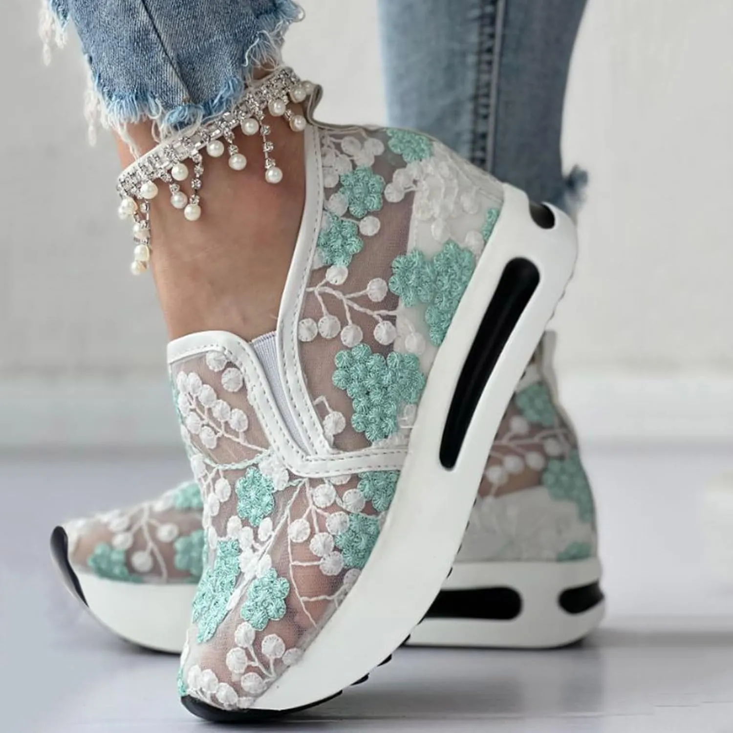 Fashion Sneakers for Women 2025, Floral Embroidery Breathable Sheer Mesh Lace Sneakers Slip on Sneakers Platform Wedge Sneakers Dressy Casual Walking Shoes