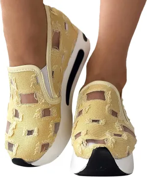 Fashion Sneakers for Women 2025, Floral Embroidery Breathable Sheer Mesh Lace Sneakers Slip on Sneakers Platform Wedge Sneakers Dressy Casual Walking Shoes