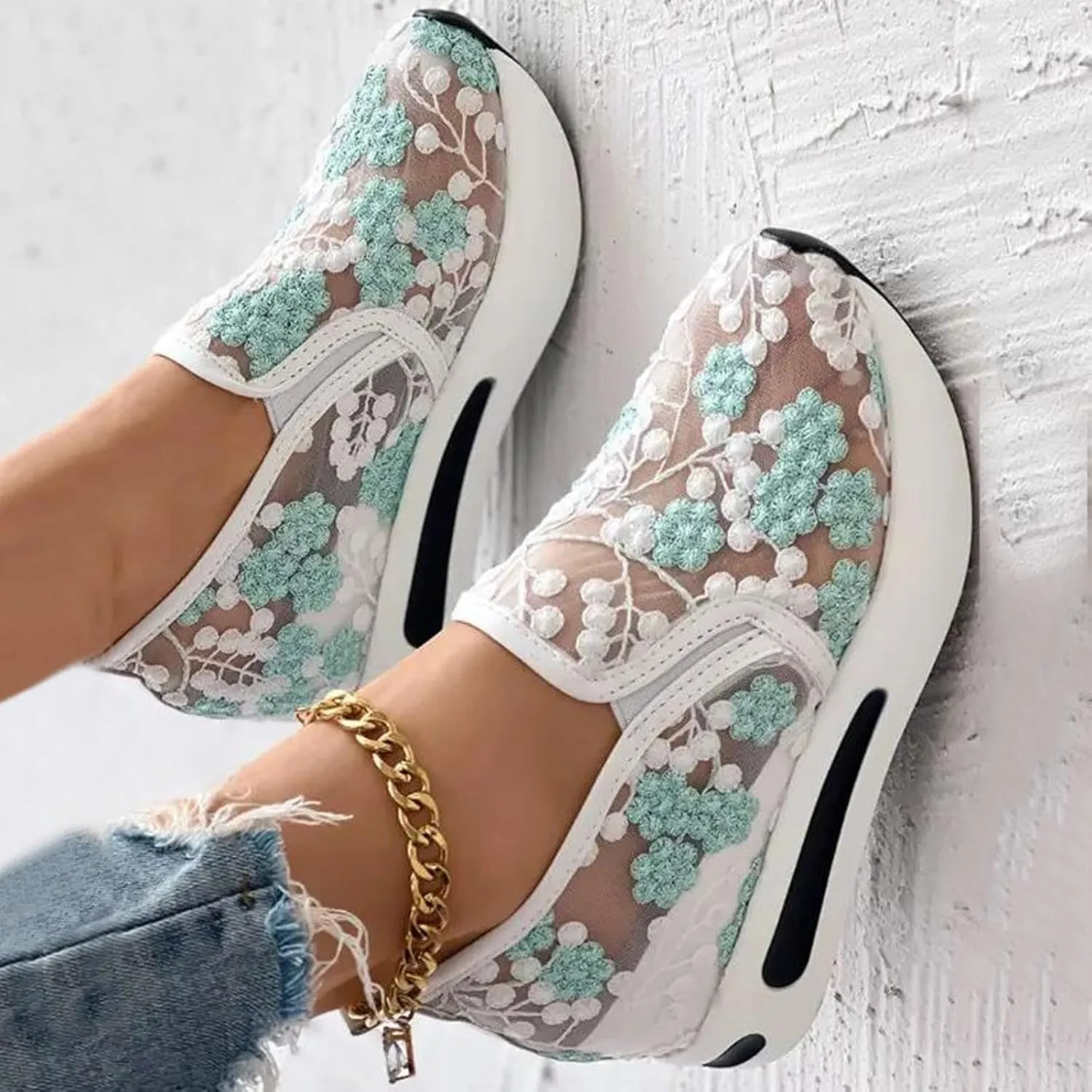 Fashion Sneakers for Women 2025, Floral Embroidery Breathable Sheer Mesh Lace Sneakers Slip on Sneakers Platform Wedge Sneakers Dressy Casual Walking Shoes
