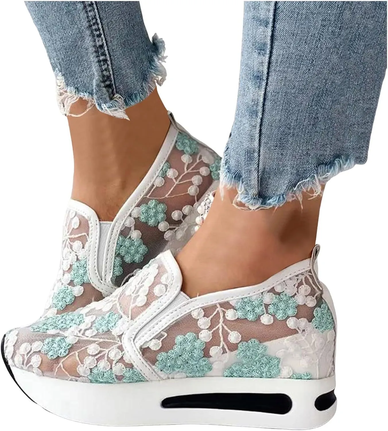 Fashion Sneakers for Women 2025, Floral Embroidery Breathable Sheer Mesh Lace Sneakers Slip on Sneakers Platform Wedge Sneakers Dressy Casual Walking Shoes