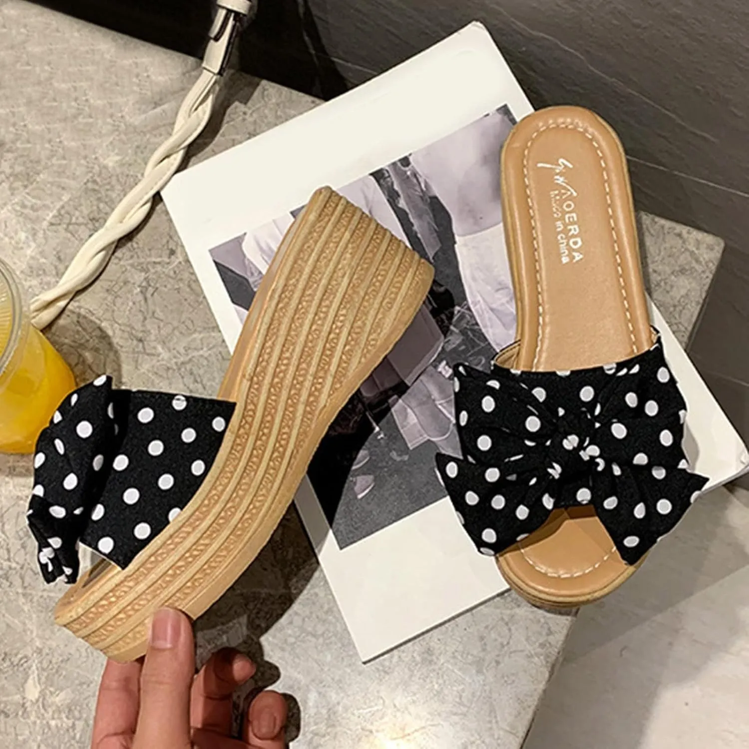 Fashion Summer Women Sandals Wedge Heel Platform Ribbon Bow Polka Dot Casual Close Toe Heels Stylish Open Espadrilles Slides for Slip On Mules High Classic Beach Slide Black Shoes