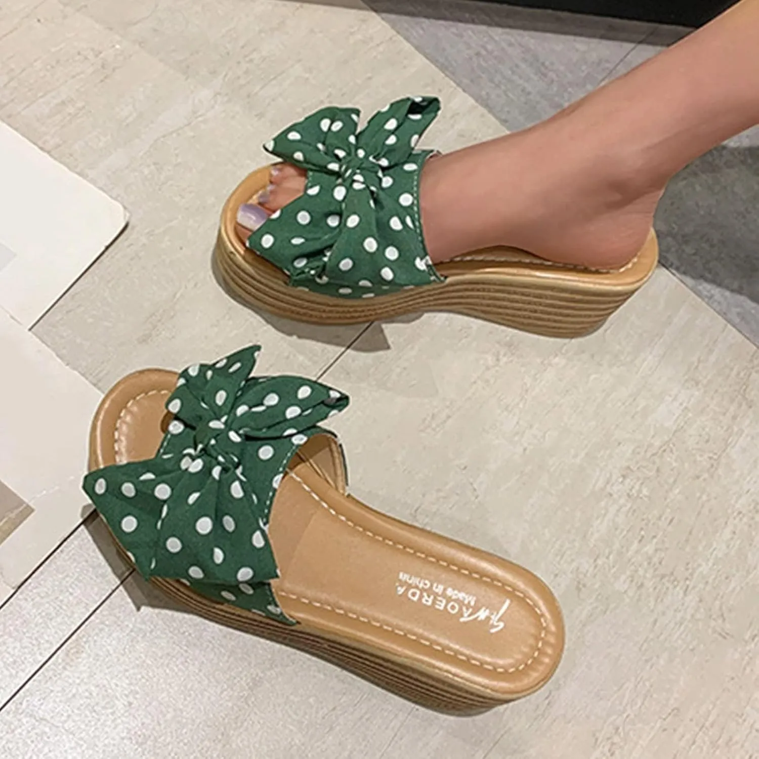 Fashion Summer Women Sandals Wedge Heel Platform Ribbon Bow Polka Dot Casual Close Toe Heels Stylish Open Espadrilles Slides for Slip On Mules High Classic Beach Slide Black Shoes