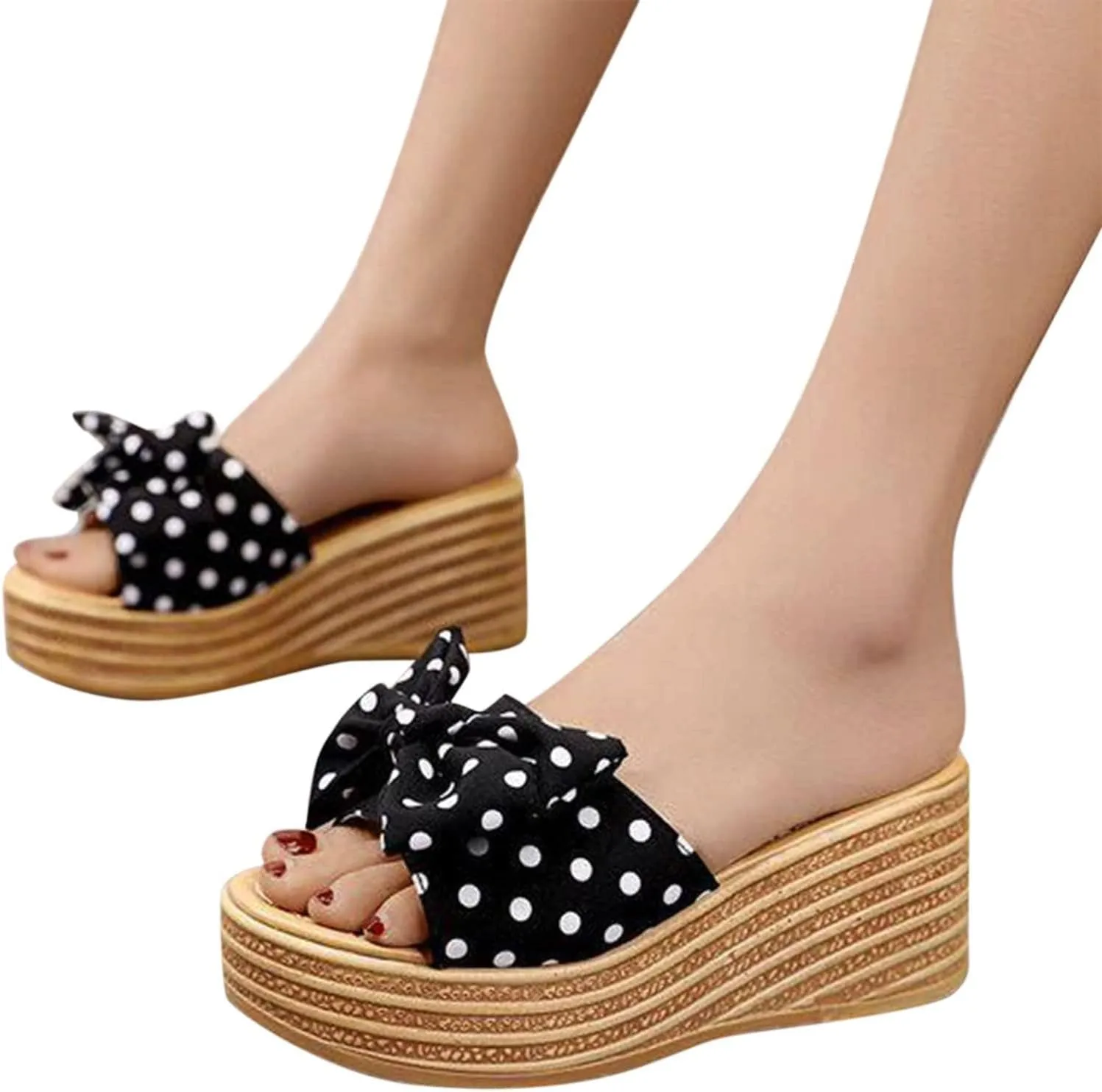 Fashion Summer Women Sandals Wedge Heel Platform Ribbon Bow Polka Dot Casual Close Toe Heels Stylish Open Espadrilles Slides for Slip On Mules High Classic Beach Slide Black Shoes