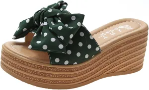 Fashion Summer Women Sandals Wedge Heel Platform Ribbon Bow Polka Dot Casual Close Toe Heels Stylish Open Espadrilles Slides for Slip On Mules High Classic Beach Slide Black Shoes