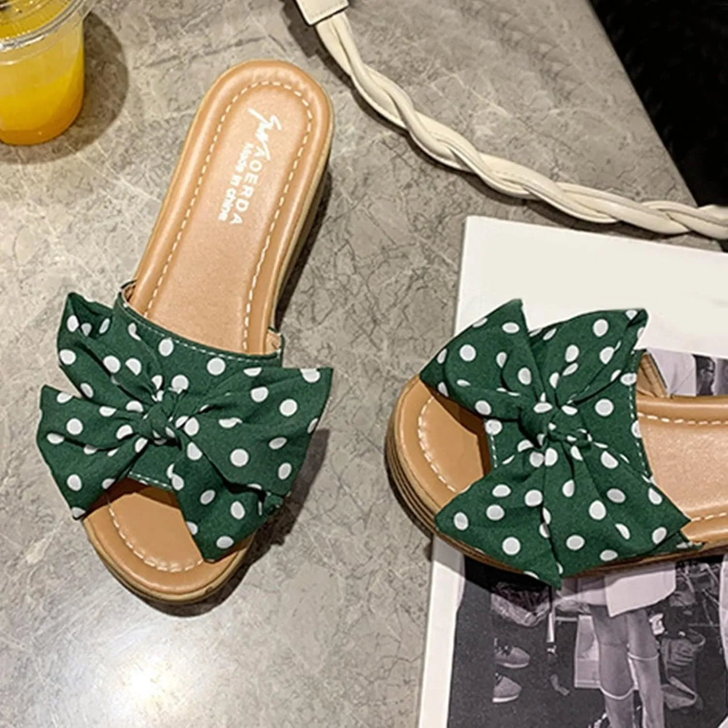Fashion Summer Women Sandals Wedge Heel Platform Ribbon Bow Polka Dot Casual Close Toe Heels Stylish Open Espadrilles Slides for Slip On Mules High Classic Beach Slide Black Shoes