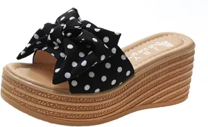 Fashion Summer Women Sandals Wedge Heel Platform Ribbon Bow Polka Dot Casual Close Toe Heels Stylish Open Espadrilles Slides for Slip On Mules High Classic Beach Slide Black Shoes