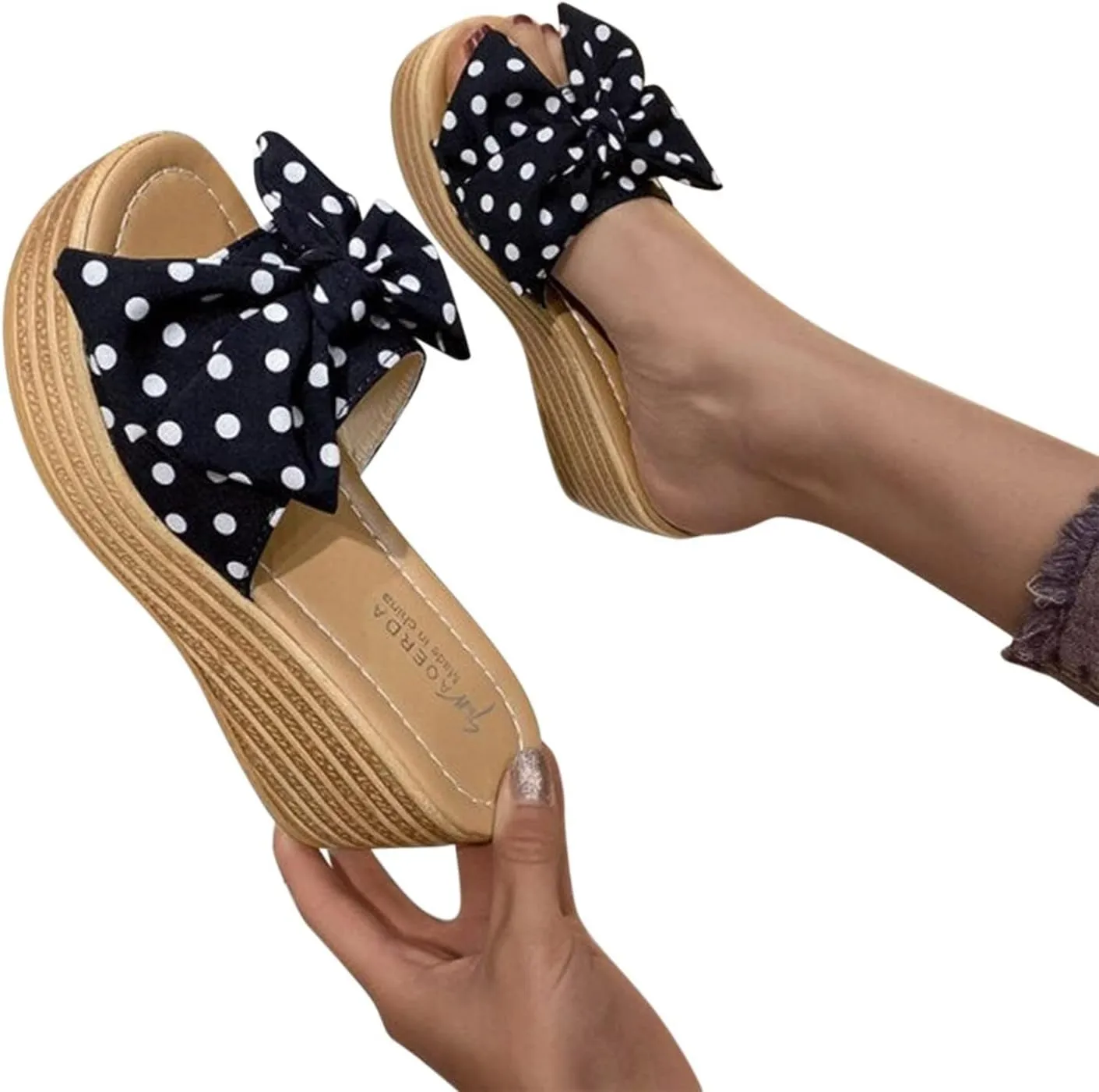 Fashion Summer Women Sandals Wedge Heel Platform Ribbon Bow Polka Dot Casual Close Toe Heels Stylish Open Espadrilles Slides for Slip On Mules High Classic Beach Slide Black Shoes