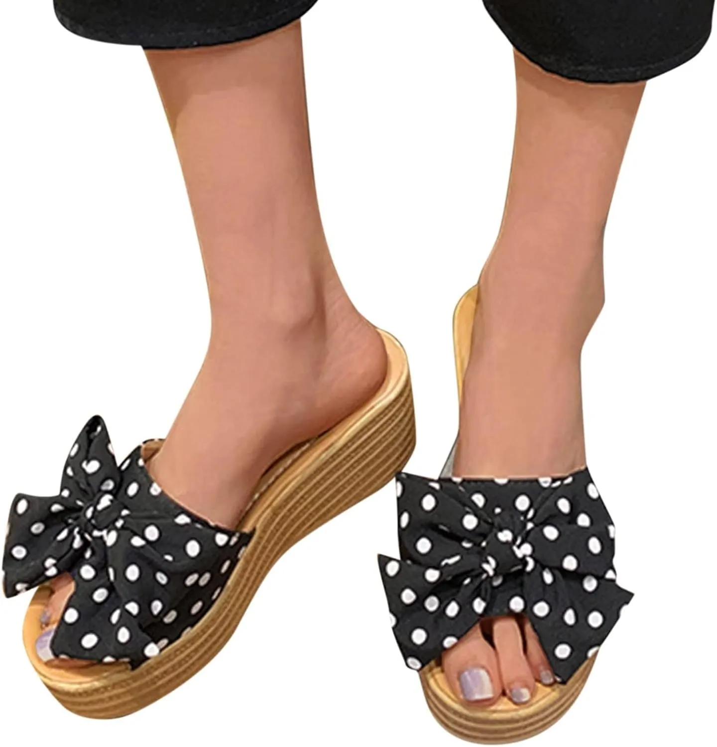 Fashion Summer Women Sandals Wedge Heel Platform Ribbon Bow Polka Dot Casual Close Toe Heels Stylish Open Espadrilles Slides for Slip On Mules High Classic Beach Slide Black Shoes