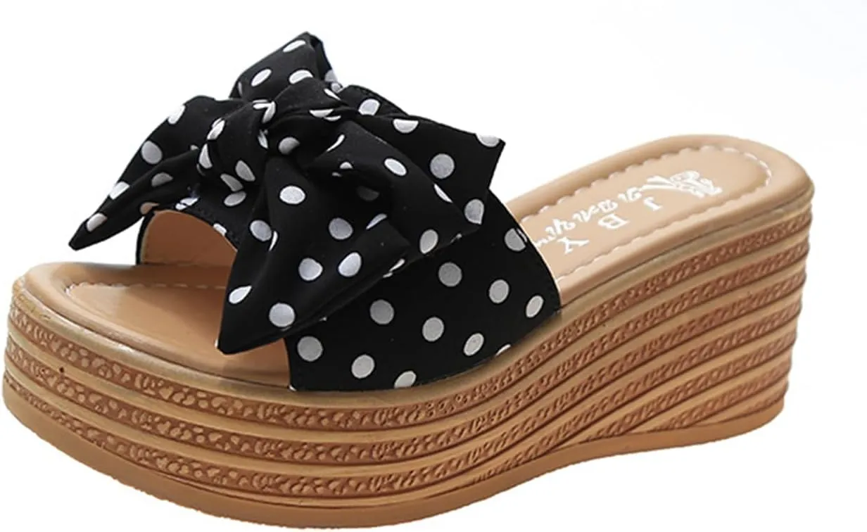 Fashion Summer Women Sandals Wedge Heel Platform Ribbon Bow Polka Dot Casual Close Toe Heels Stylish Open Espadrilles Slides for Slip On Mules High Classic Beach Slide Black Shoes