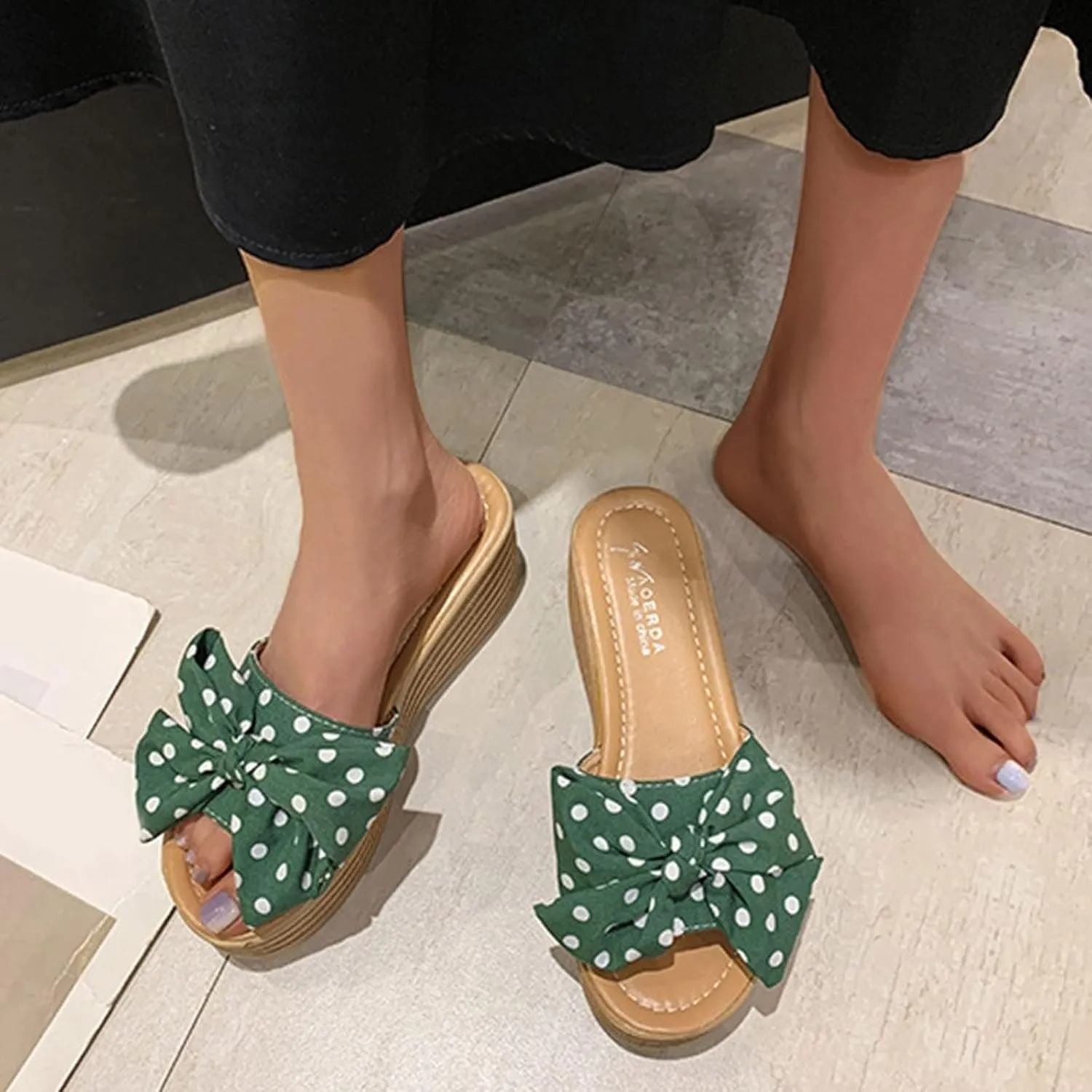 Fashion Summer Women Sandals Wedge Heel Platform Ribbon Bow Polka Dot Casual Close Toe Heels Stylish Open Espadrilles Slides for Slip On Mules High Classic Beach Slide Black Shoes