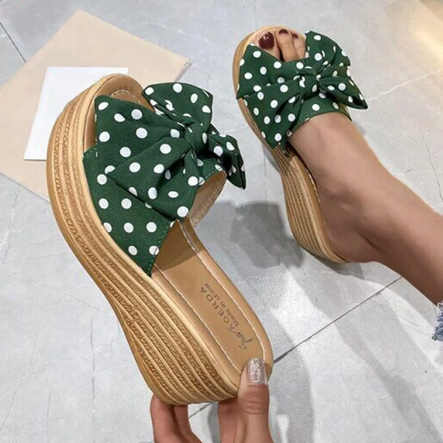 Fashion Summer Women Sandals Wedge Heel Platform Ribbon Bow Polka Dot Casual Close Toe Heels Stylish Open Espadrilles Slides for Slip On Mules High Classic Beach Slide Black Shoes