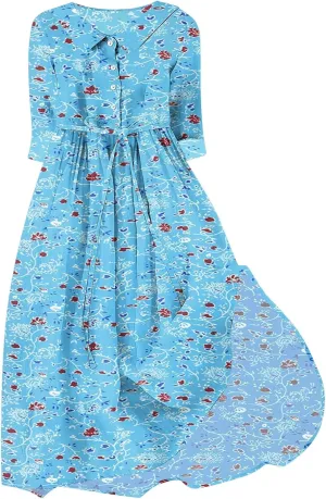Fashion Women Summer Long Dresses Casual Floral Print 3/4 Sleeve Sundress Button Collar Swing Pleated Beach Dress