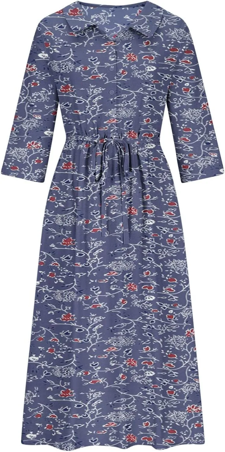 Fashion Women Summer Long Dresses Casual Floral Print 3/4 Sleeve Sundress Button Collar Swing Pleated Beach Dress